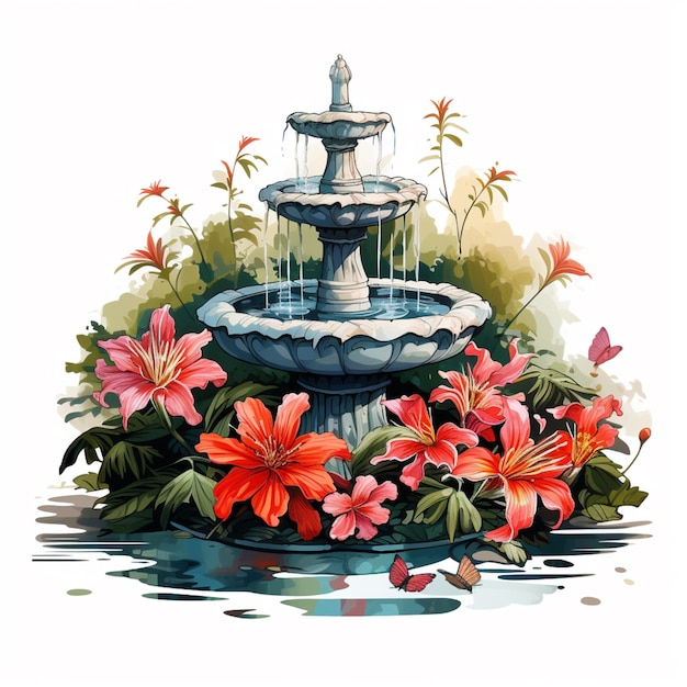 there is a water fountain with flowers and butterflies in the water generative ai