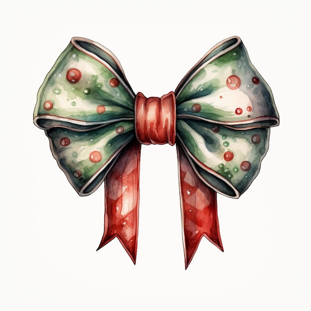 there is a watercolor drawing of a bow with red and green decorations generative ai