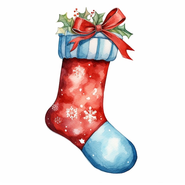 there is a watercolor drawing of a christmas stocking with holly leaves generative ai