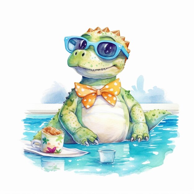 There is a watercolor drawing of a dinosaur with sunglasses and a cake generative ai