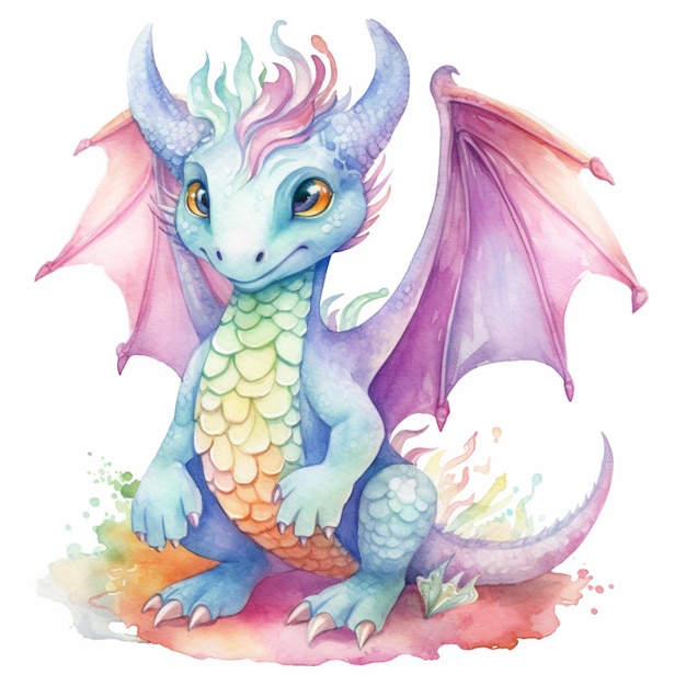 there is a watercolor drawing of a dragon with a dragon tail generative ai