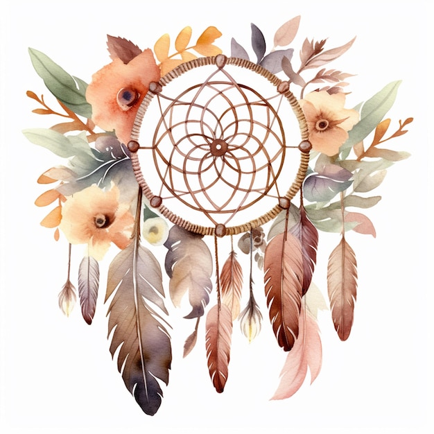 There is a watercolor drawing of a dream catcher with flowers generative ai