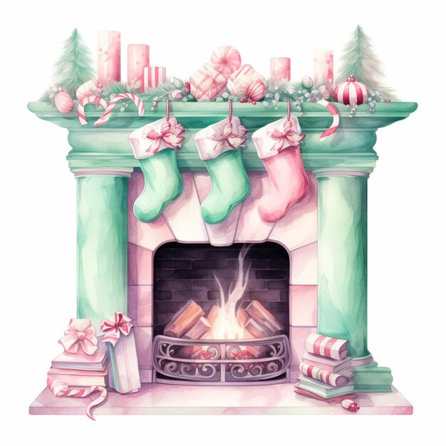 Photo there is a watercolor drawing of a fireplace with stockings and christmas decorations generative ai