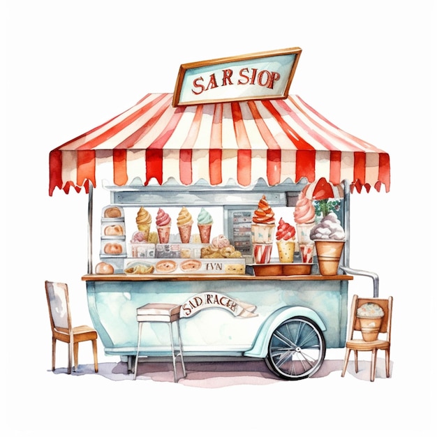 Premium AI Image | There is a watercolor drawing of a food cart with
