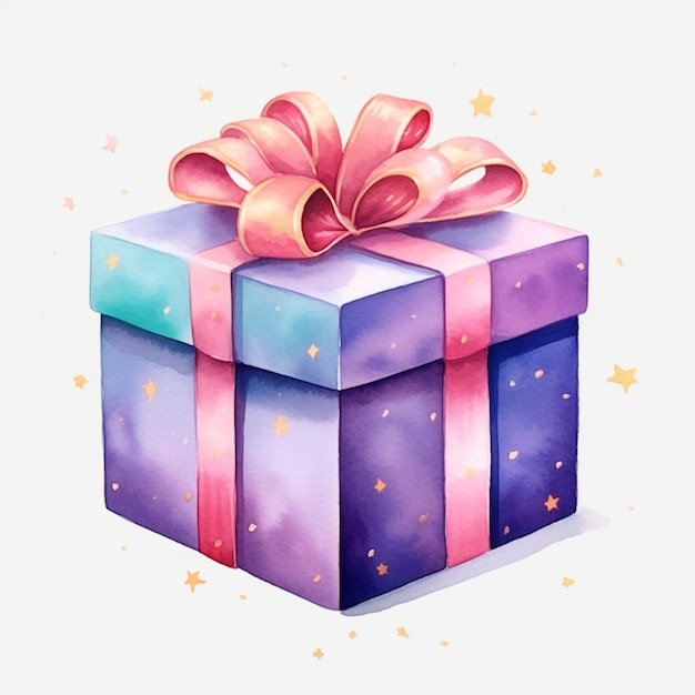 there is a watercolor drawing of a gift box with a bow generative ai