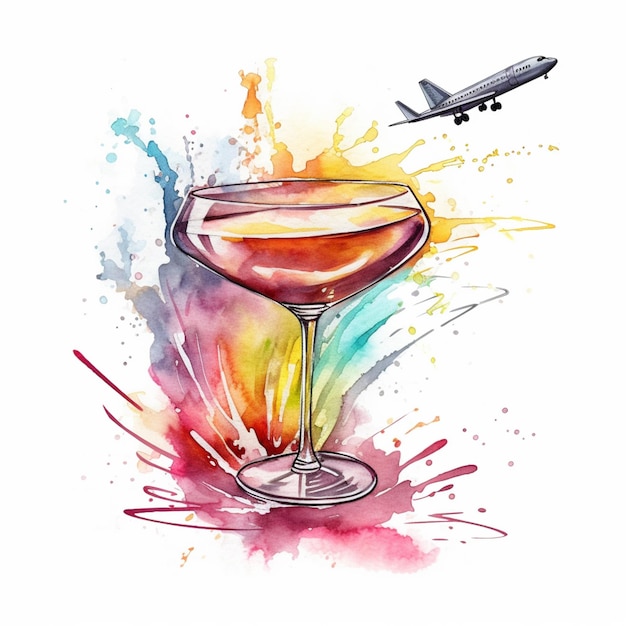 There is a watercolor drawing of a glass of wine with a plane flying overhead generative ai