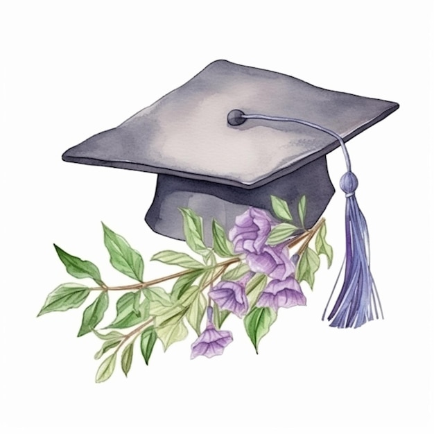 Foto c'è un disegno ad acquerello di un berretto di laurea e fiori generativi ai