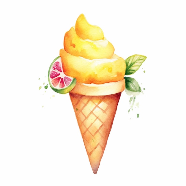 There is a watercolor drawing of a ice cream cone with lime generative ai