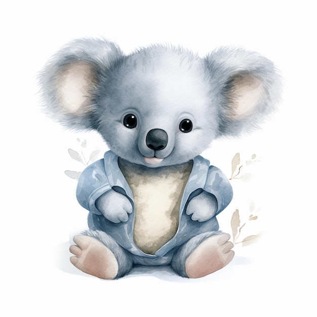 there is a watercolor drawing of a koala bear wearing a blue shirt generative ai