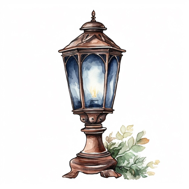 there is a watercolor drawing of a lamp post with a candle generative ai