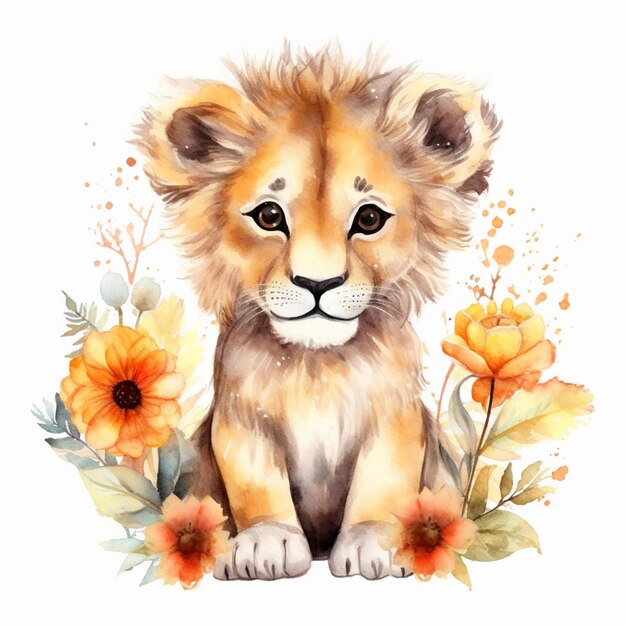 there is a watercolor drawing of a lion cub sitting in the grass generative ai