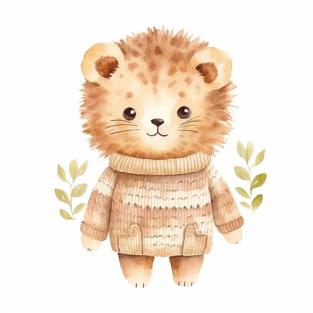 there is a watercolor drawing of a lion wearing a sweater generative ai