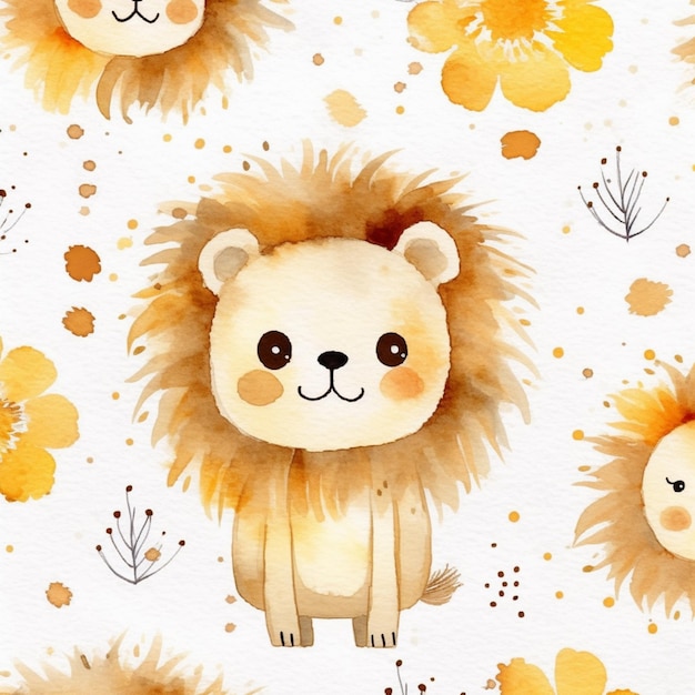 There is a watercolor drawing of a lion with a flower pattern generative ai