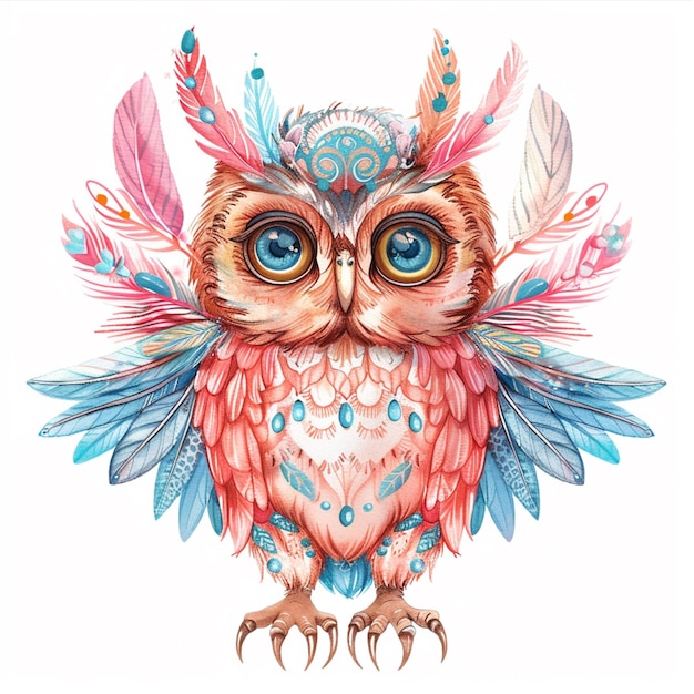 there is a watercolor drawing of an owl with feathers generative ai