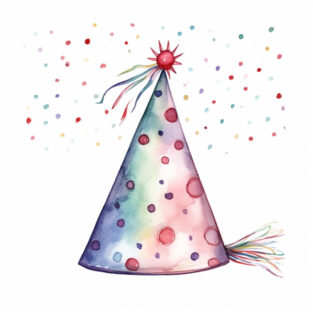 there is a watercolor drawing of a party hat with confetti generative ai