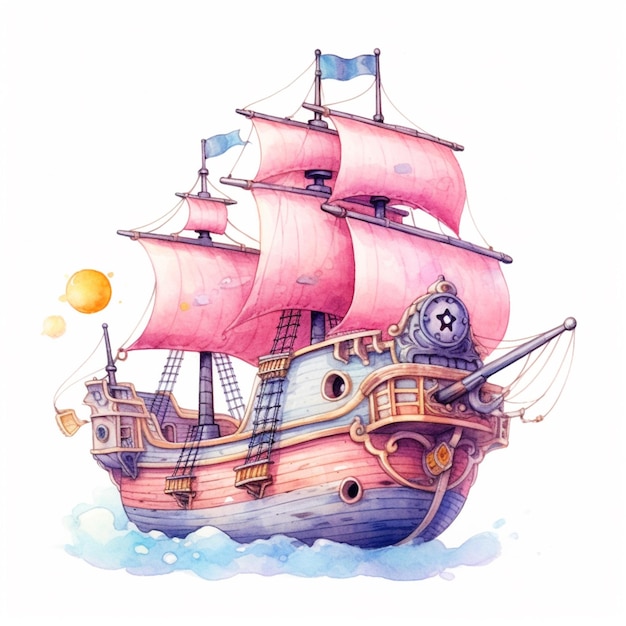 there is a watercolor drawing of a pirate ship with a clock on it generative ai