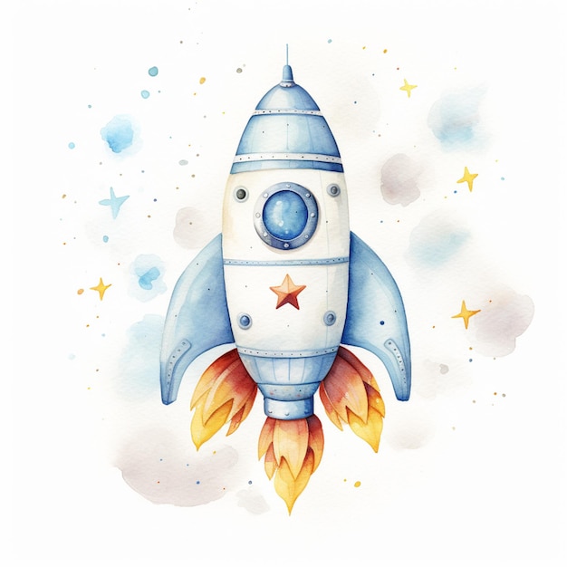 There is a watercolor drawing of a rocket ship with stars generative ai