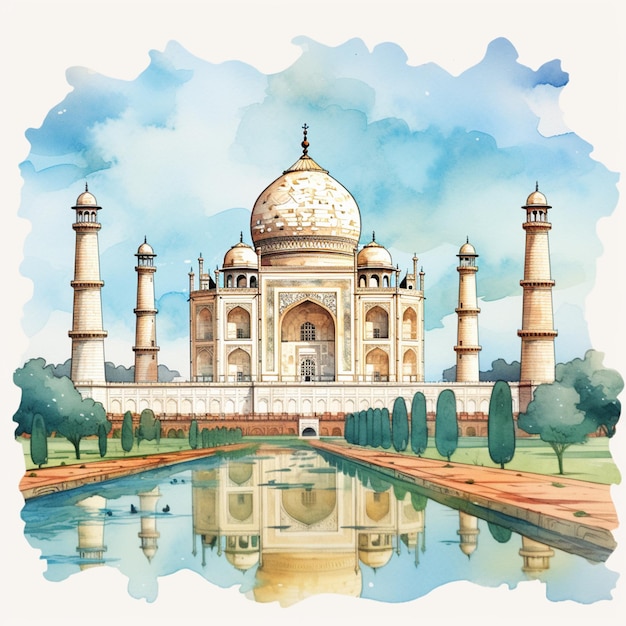 There is a watercolor drawing of a taj mahal generative ai