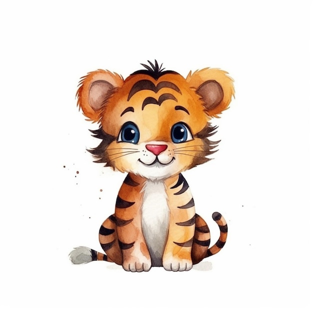 Есть акварельный рисунок тигрового детеныша, сидящего.