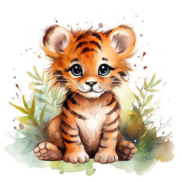 Есть акварельный рисунок тигрового детеныша, сидящего в траве.