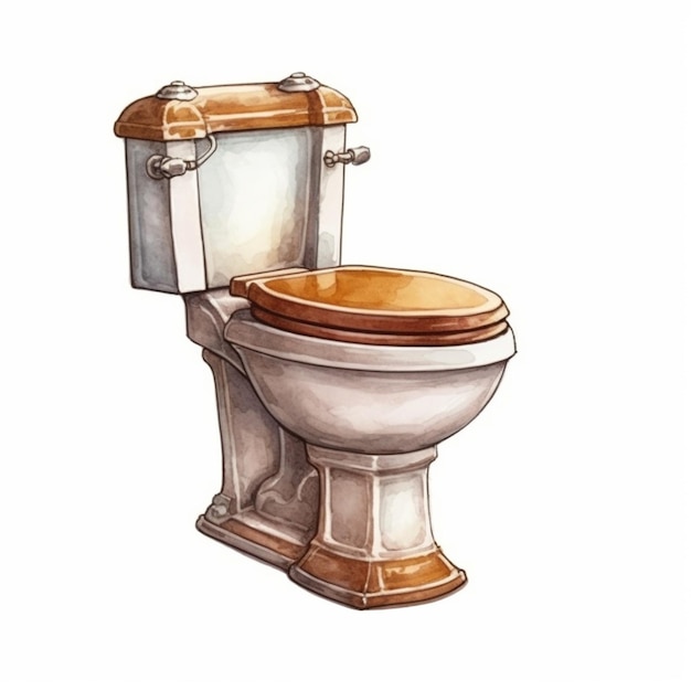 Есть акварельный рисунок туалета с деревянным сиденьем.