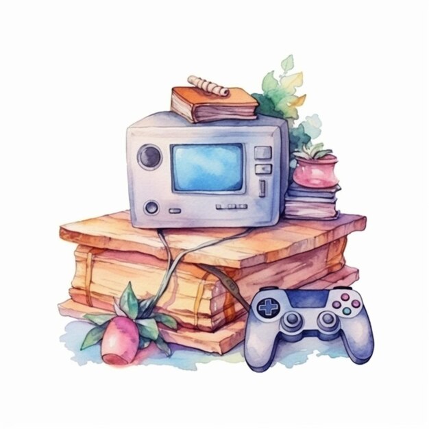 there is a watercolor drawing of a tv and a game controller generative ai