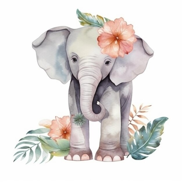 There is a watercolor elephant with flowers on its head generative ai