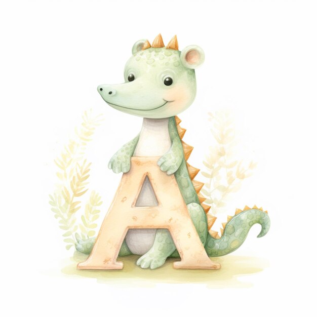 Foto c'è un'illustrazione ad acquerello di un dinosauro che tiene una lettera un ai generativo