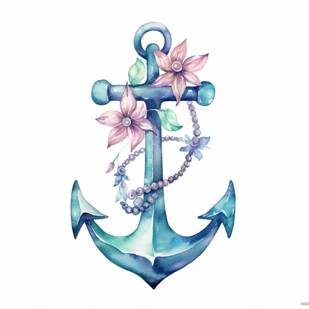 there is a watercolor painting of an anchor with flowers on it generative ai