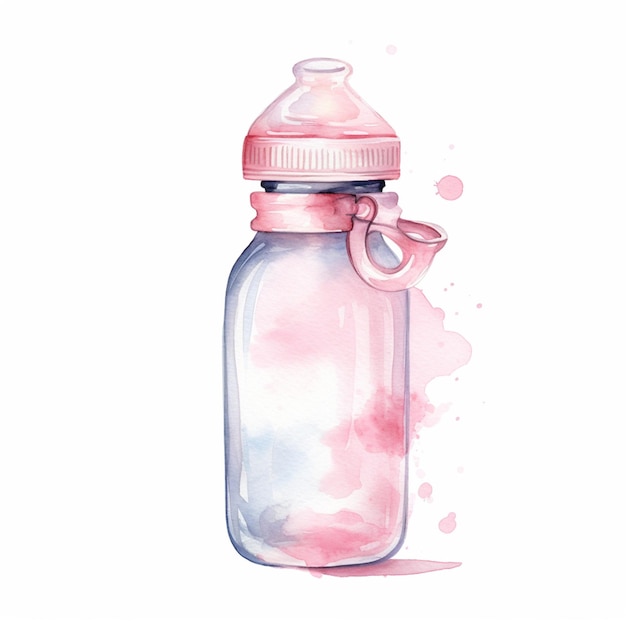 there is a watercolor painting of a baby bottle with a pink bow generative ai