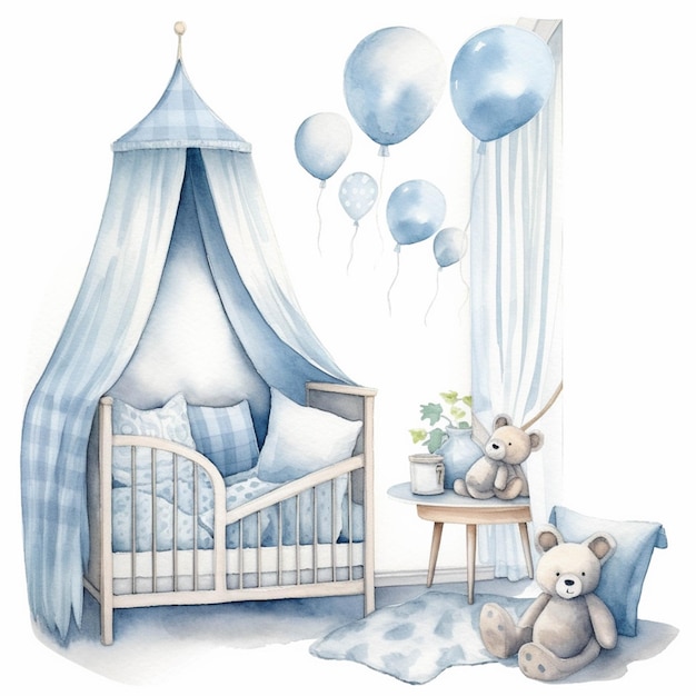 There is a watercolor painting of a babys room with balloons generative ai