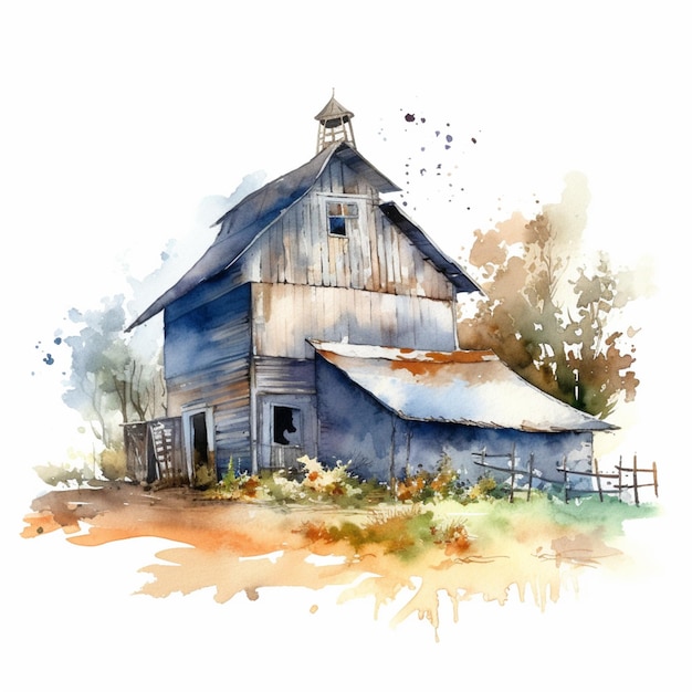 There is a watercolor painting of a barn with a steeple generative ai