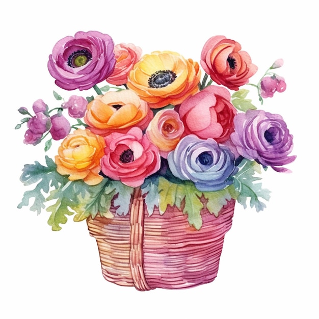 There is a watercolor painting of a basket of flowers generative ai