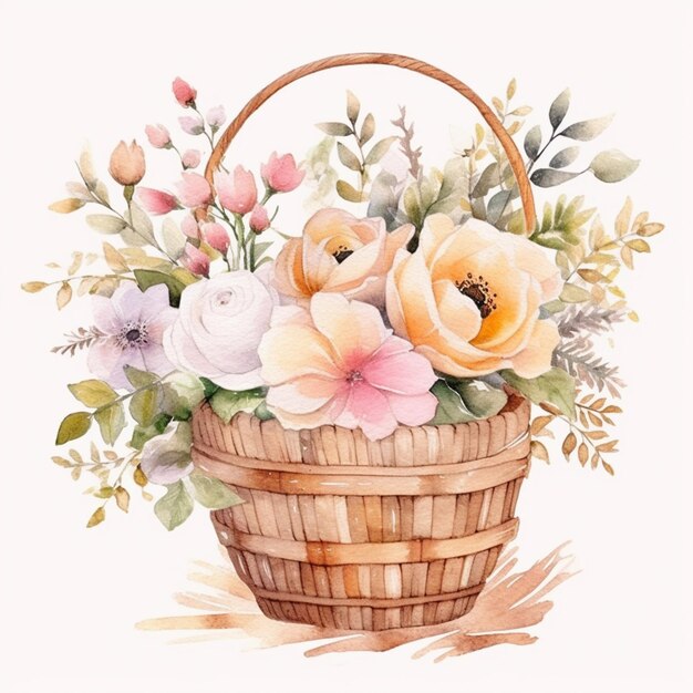 there is a watercolor painting of a basket with flowers generative ai