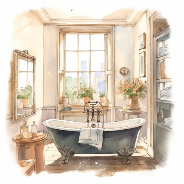 There is a watercolor painting of a bathtub in a bathroom generative ai