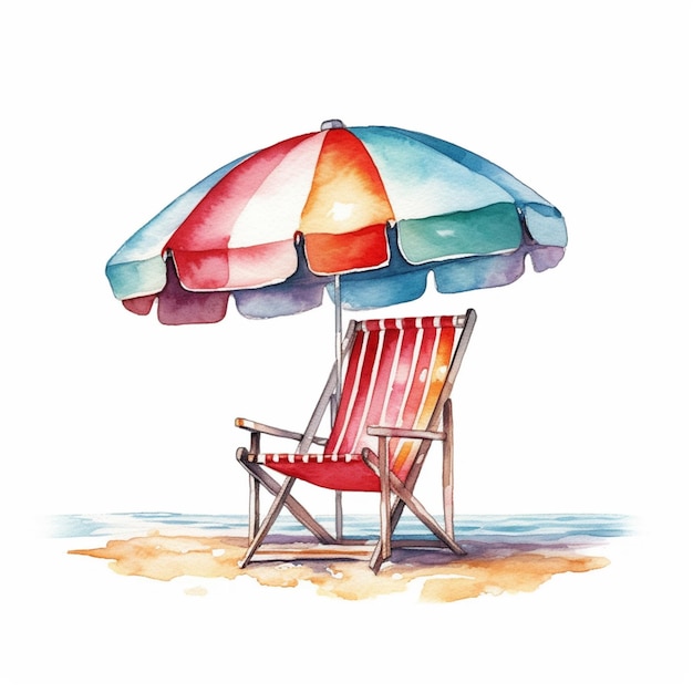 There is a watercolor painting of a beach chair and umbrella generative ai