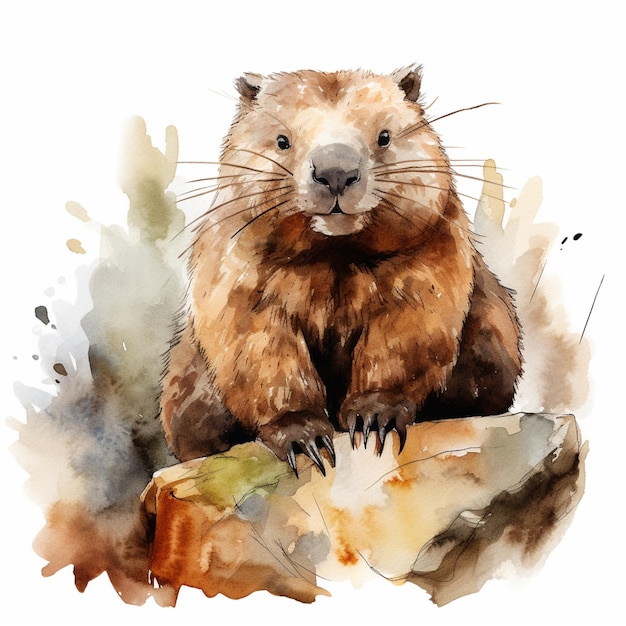there is a watercolor painting of a beaver sitting on a rock generative ai