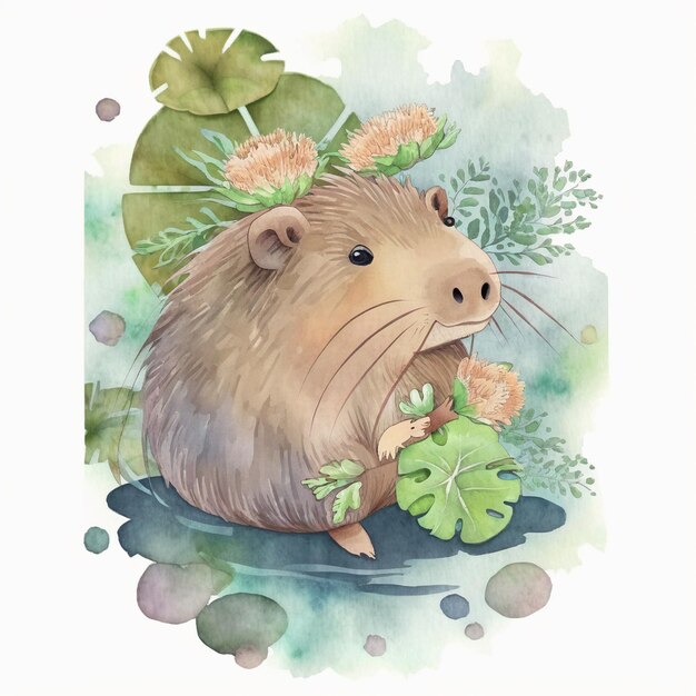 there is a watercolor painting of a beaver with flowers on its head generative ai