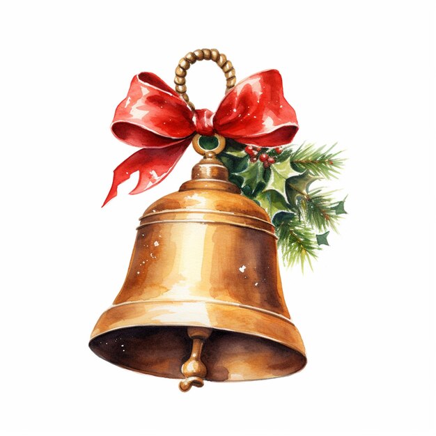 there is a watercolor painting of a bell with a red bow generative ai