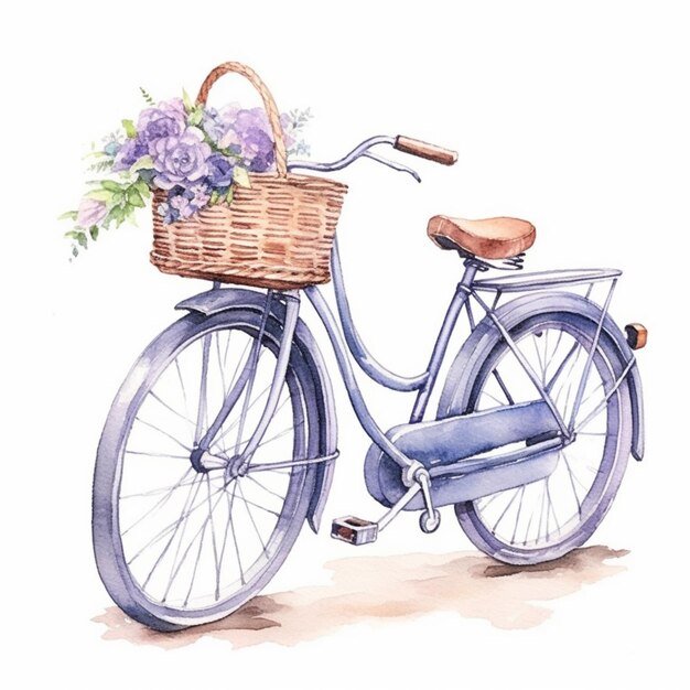 꽃 바구니를 가진 자전거의 수채화 그림이 있습니다.