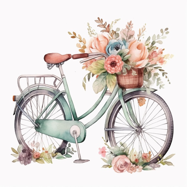 바구니에 꽃을 꽂은 자전거 수채화 그림 생성 ai