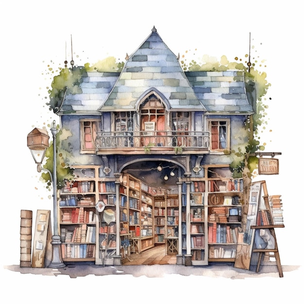 there is a watercolor painting of a book store with a ladder generative ai