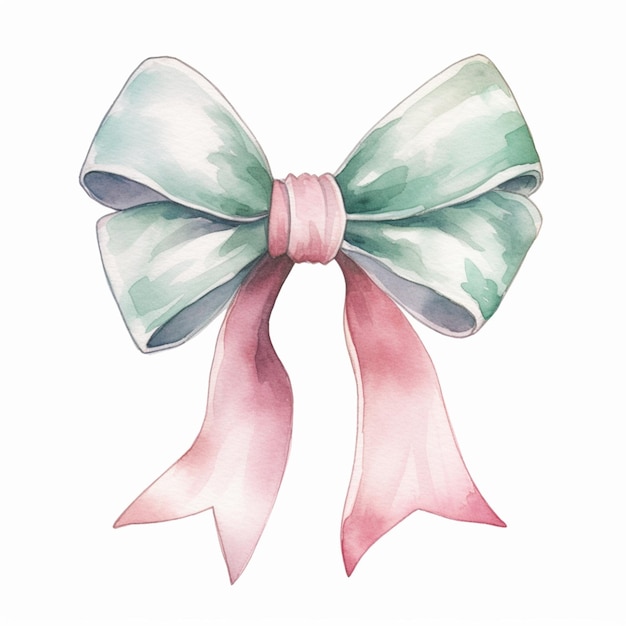 There is a watercolor painting of a bow with a pink ribbon generative ai