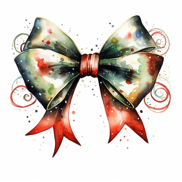 there is a watercolor painting of a bow with a red ribbon generative ai