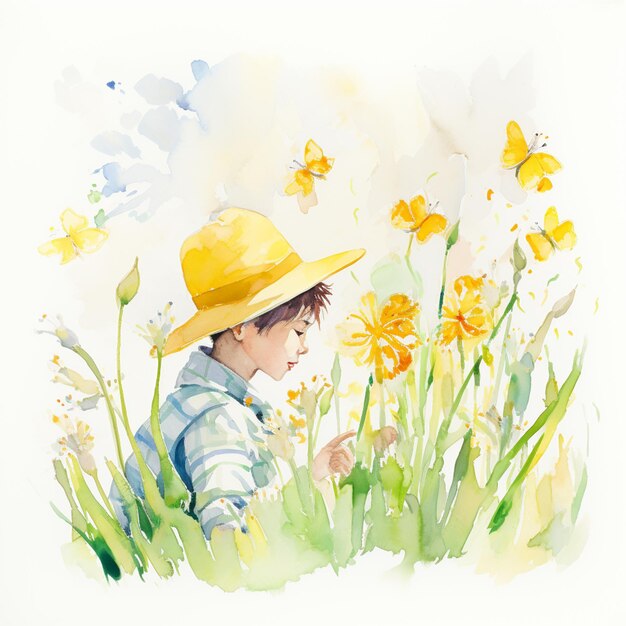 there is a watercolor painting of a boy in a hat and a hat generative ai