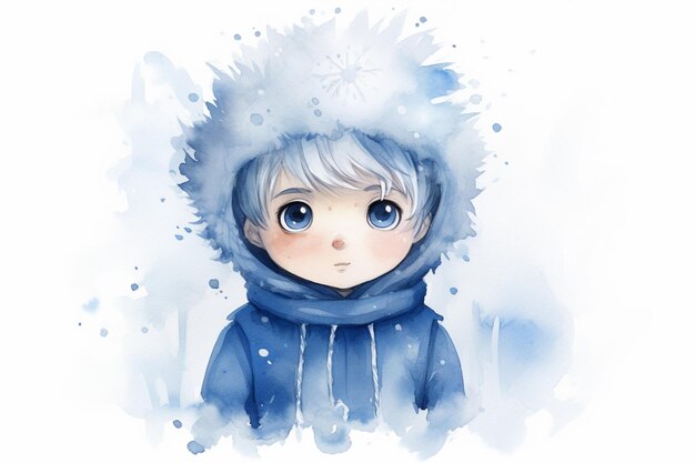 there is a watercolor painting of a boy wearing a blue coat generativ ai