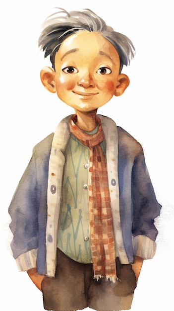 there is a watercolor painting of a boy with a scarf generative ai