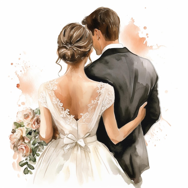 Photo there is a watercolor painting of a bride and groom generative ai