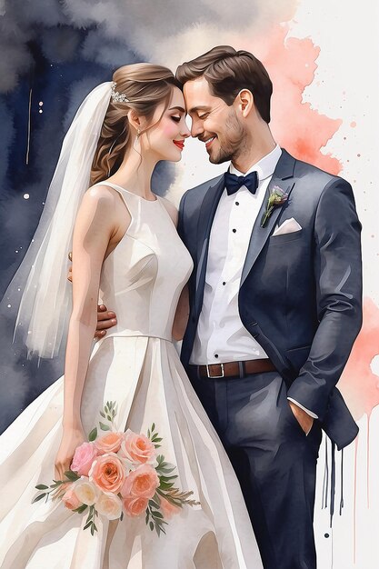 There is a watercolor painting of a bride and groom generative ai