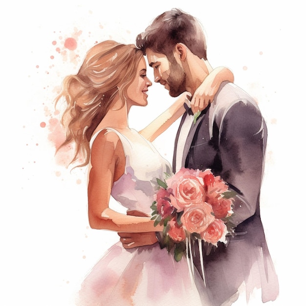 There is a watercolor painting of a bride and groom generative ai